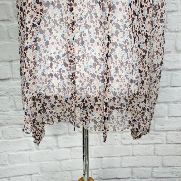 Theory Top Silk Bernetta Floral Crinkle Chiffon Tie Neck Sheer Long Sleeve Sz L - Picture 7 of 13